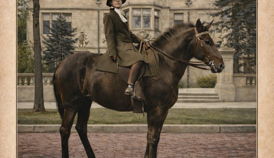 Katherine Pillsbury on horseback as a young woman at the Charles S. Pillsbury Mansion in Minneapolis — an archival family photograph from the 1920s.