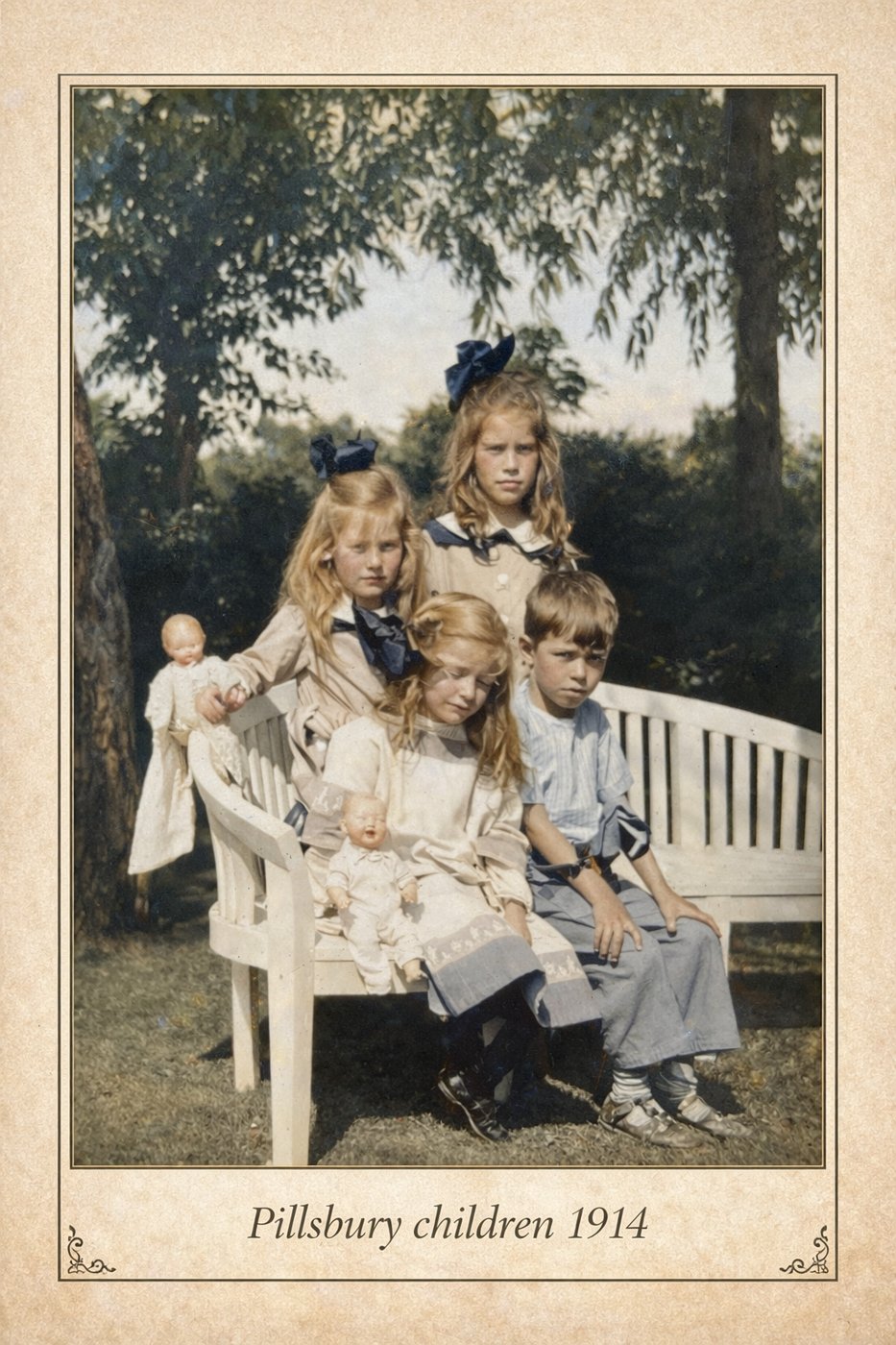 The Pillsbury children gathered on a garden bench beneath the mansion's gables, a generation before diplomacy called