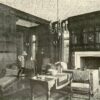 Period photograph of the oak-panelled lounge inside the Pillsbury Mansion, showing the carved English panelling and stone fireplace that give the room its texture