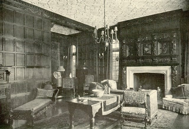 Oak-paneled lounge inside the Pillsbury Club mansion, where trolley guests gather for cocktails before their Minneapolis tour departs