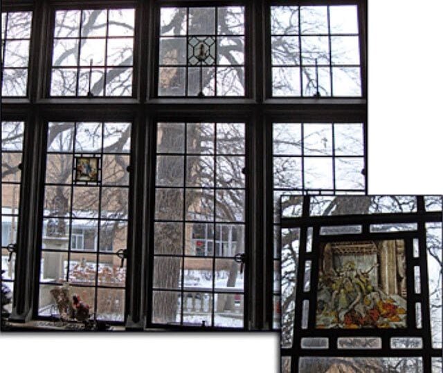 Painted and stained glass panel in the Charles S. Pillsbury Mansion in Minneapolis, part of the centuries-old European glazing installed when the house was built.