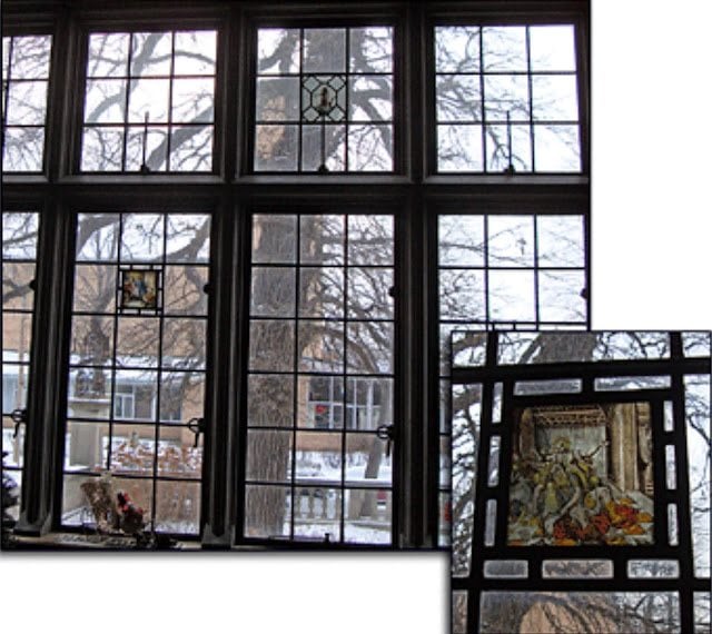 Painted and stained glass panel in the Charles S. Pillsbury Mansion in Minneapolis, part of the centuries-old European glazing installed when the house was built.