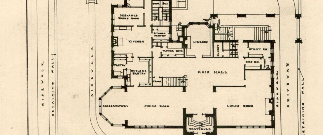 A historic first-floor plan of the Charles S. Pillsbury Mansion in Minneapolis showing the main hall, dining room, living room, library, conservatory, kitchen, butler's pantry and servants' dining room