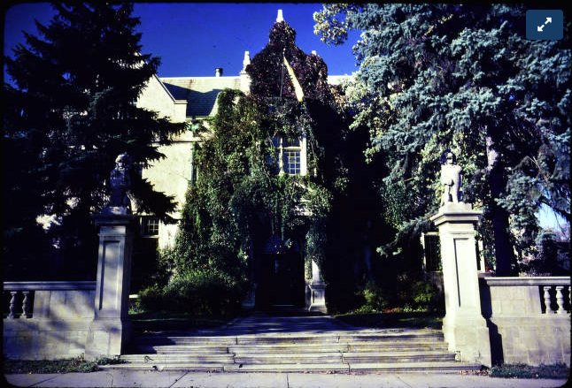 The front steps and stone gateposts of the Charles S. Pillsbury Mansion in Minneapolis photographed in 1980, with mature ivy and evergreens grown up across the English manor facade