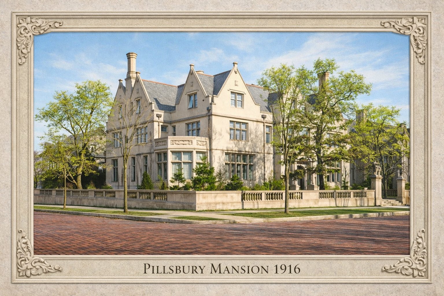 The Charles S. Pillsbury Mansion, a grand Tudor-Gothic stone manor on the edge of Washburn-Fair Oaks Park in Minneapolis