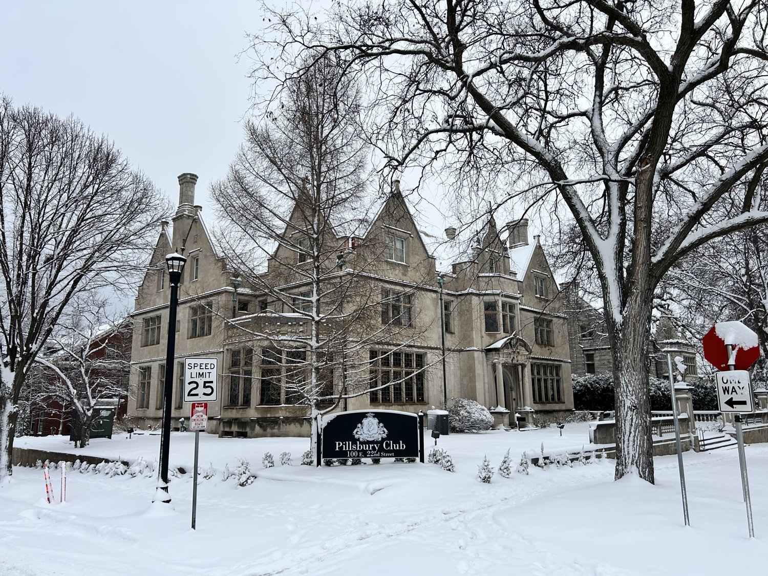 The Pillsbury mansion today, restored and snow-covered