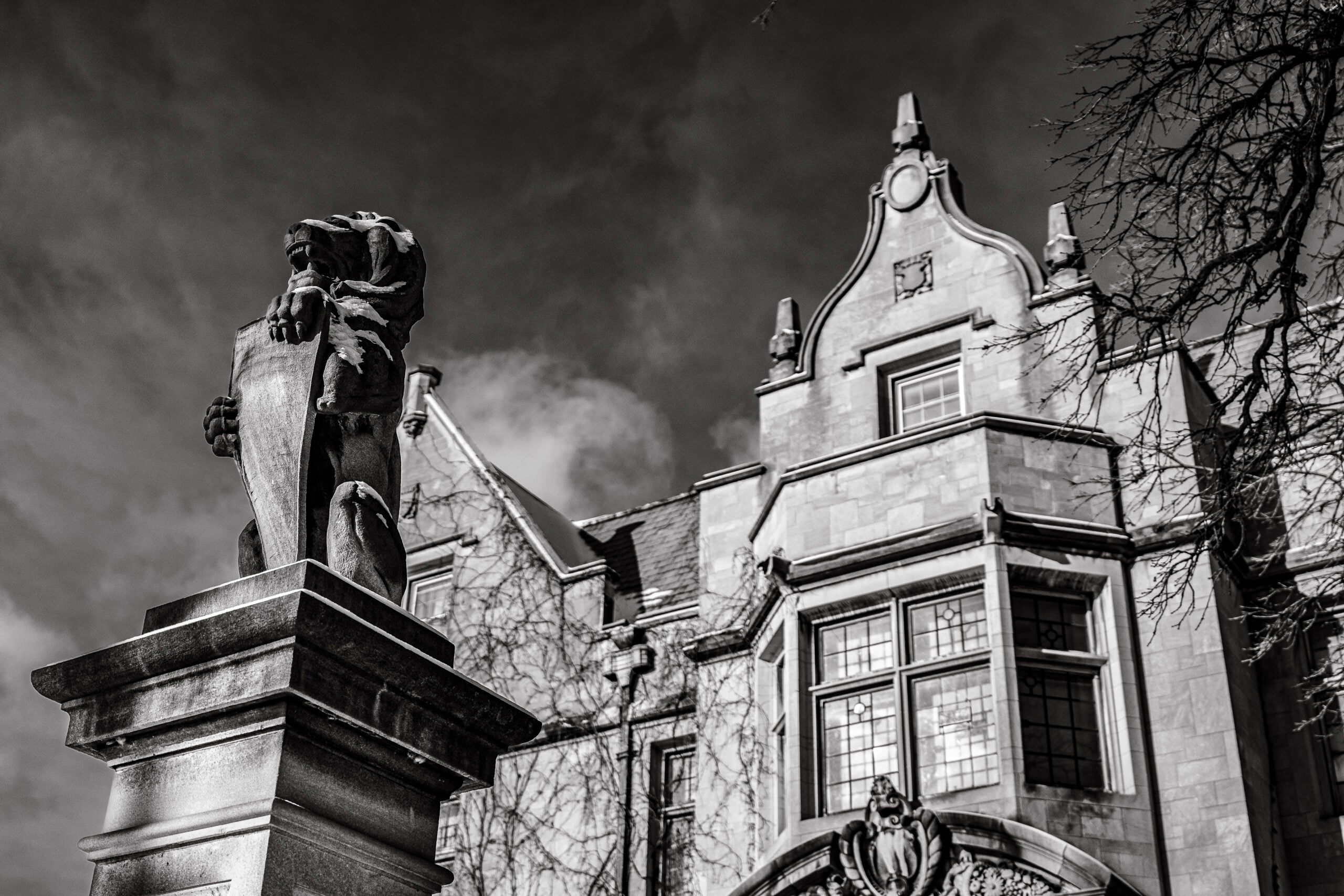 Exterior of the Charles S. Pillsbury Mansion in Minneapolis, the Tudor-Gothic stone facade designed by architect Edwin Hewitt and completed in 1916