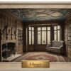 The library of the Pillsbury Mansion, with the carved stone chimneypiece at left, leaded bay window and fitted oak bookshelves.