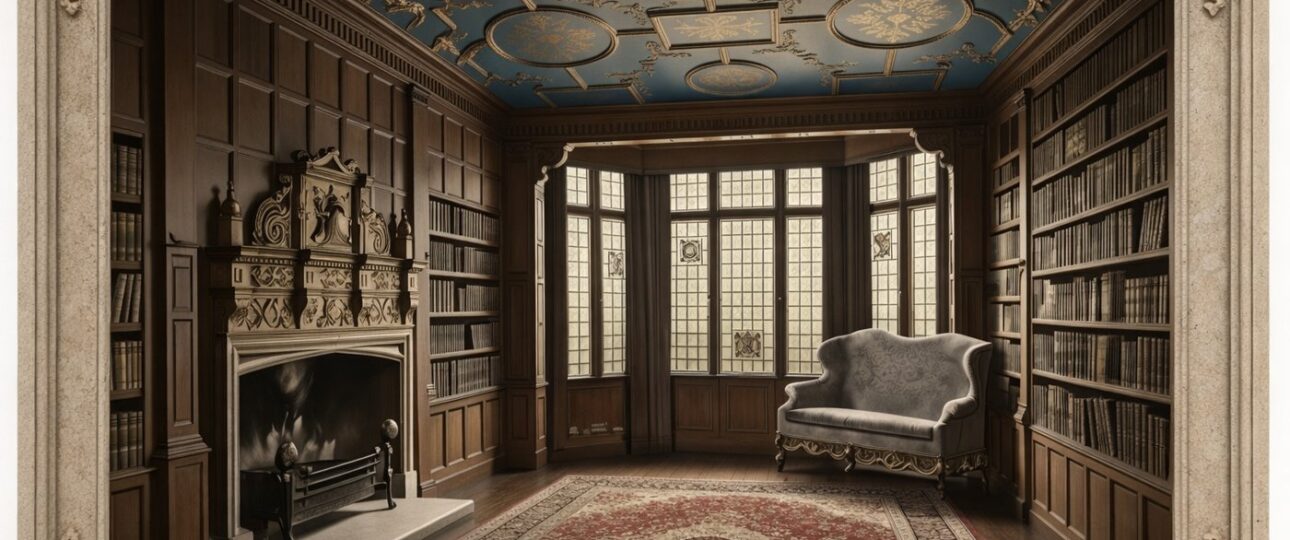 The library of the Pillsbury Mansion, with the carved stone chimneypiece at left, leaded bay window and fitted oak bookshelves.
