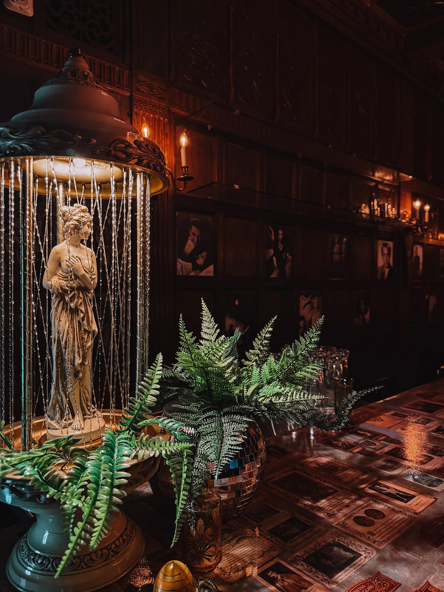 Speakeasy-style bar inside the historic Pillsbury Mansion in Minneapolis, with dim lighting and dark wood details