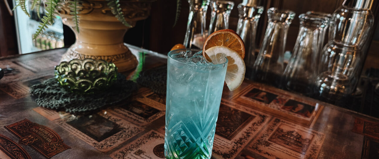 Cocktails on the bar at the Pillsbury Club in Minneapolis, served in the Gilded Age surroundings of the Charles S. Pillsbury mansion.