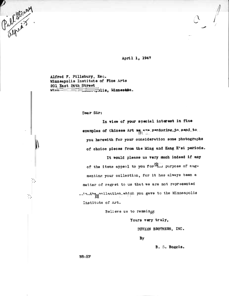Typed carbon of a Duveen Brothers, Inc. letter dated April 1, 1947, signed B. S. Boggis, offering Alfred F. Pillsbury photographs of Ming and Kang Hsi pieces